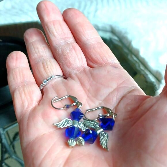 BLUE BEADED Angel Silver Dangle Earrings Handmade - Picture 5 of 5